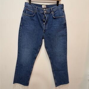 Agolde Dark Blue Button-Fly Cropped Jeans with Raw Hem -size 32, 25.5” inseam